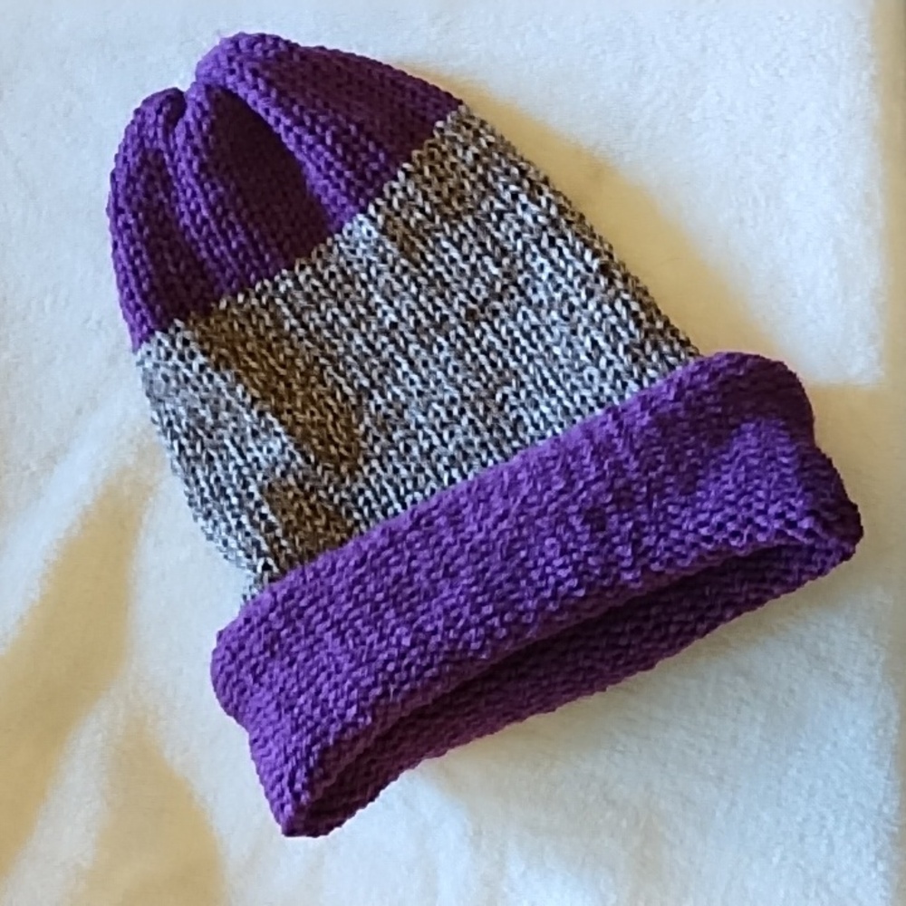 Knit Hat crochet loom Plum purple and Heather stripes Beanie ski winter Stretchy
